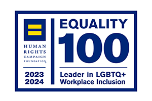 Human Rights Campaign: Best place to work for LGBTQ + Equality 2023 100% Corporate Equality Index logo