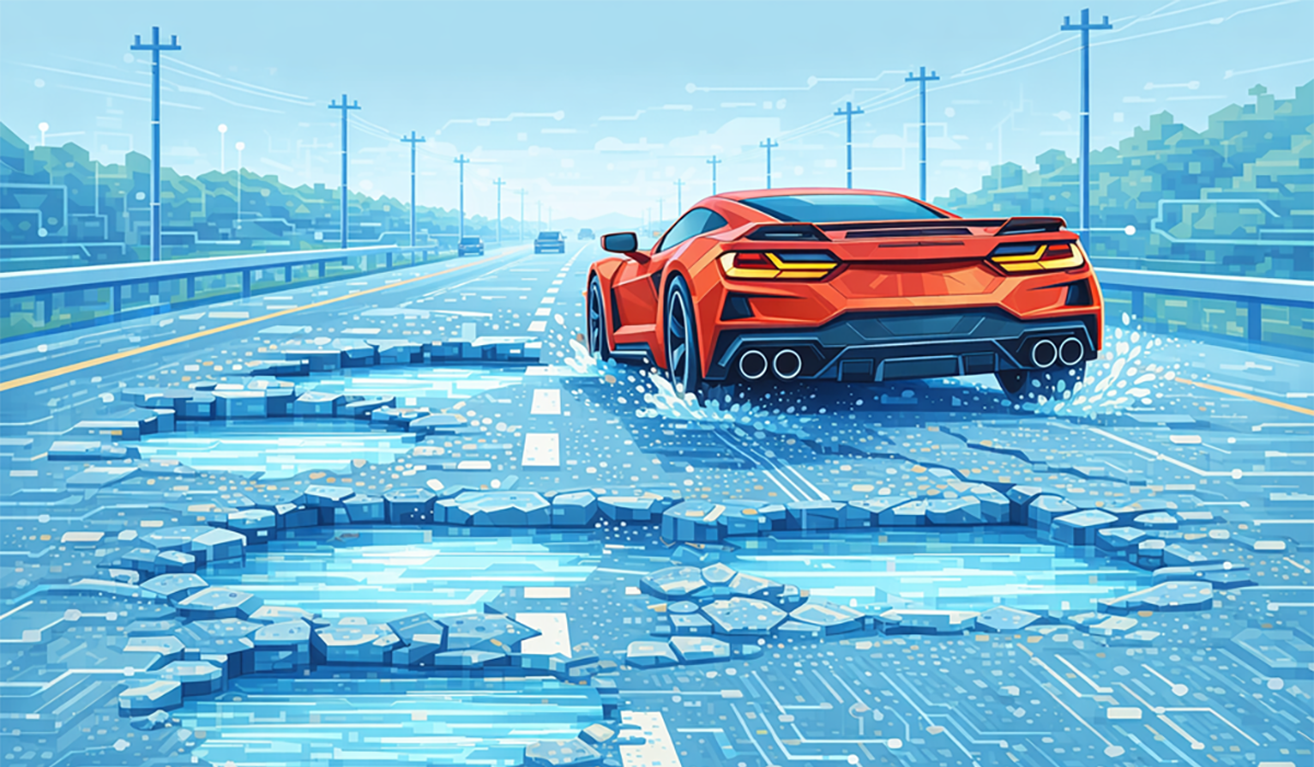 race car avoiding potholes in road